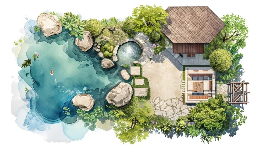 Japanese garden with pond and pavilion aerial view